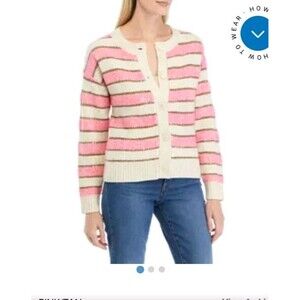 Crown & Ivy Women's Stripe Shine Sequin Cardigan Large Pink Tan Gold NWT S.1